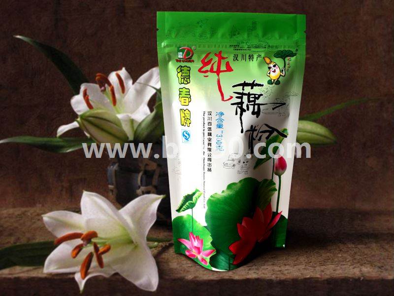 The manufacturer specializes in printing customized lotus root powder aluminum foil composite self-supporting zipper plastic packaging bag color printing logo